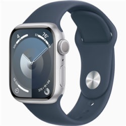Apple Watch Series 9, GPS, 41mm, Silver (Storm Blue Silicone Strap M/L)