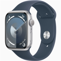 Apple Watch Series 9, GPS, 45mm, Silver (Storm Blue Silicone Strap M/L)
